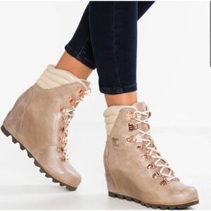 Lace Up Sorel Conquest Holiday Wedge Boots Leather Boot 7 Taupe Rose Gold